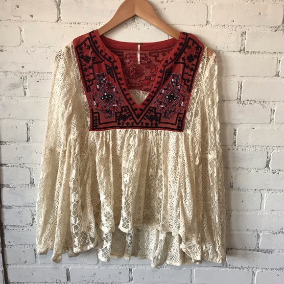 Free People Tops - Free People Cream Flowy Lace Top with Red Embroidery